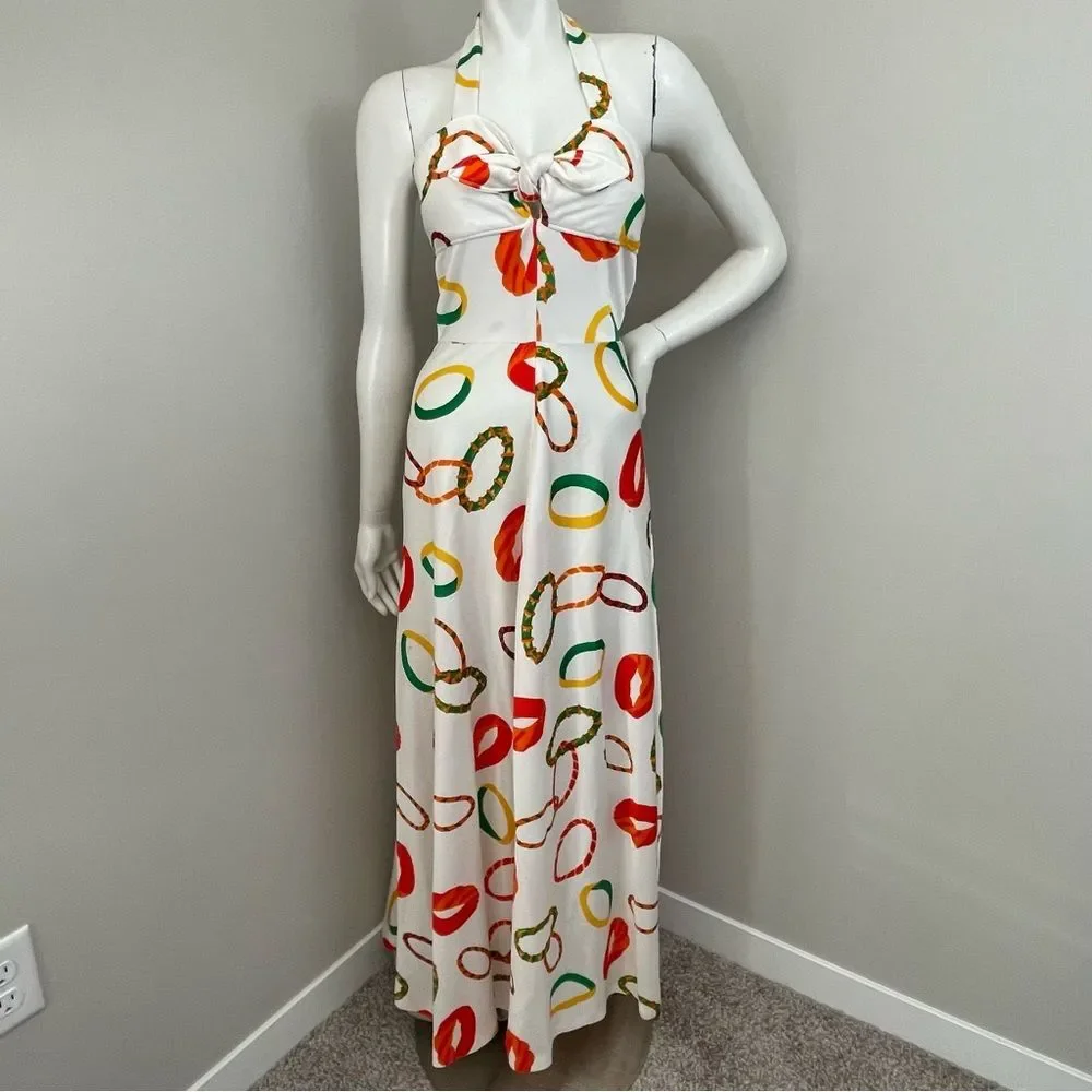 VINTAGE 1960s 70s Knot Tie Front Halter Neck White Ring Print Maxi Dress
